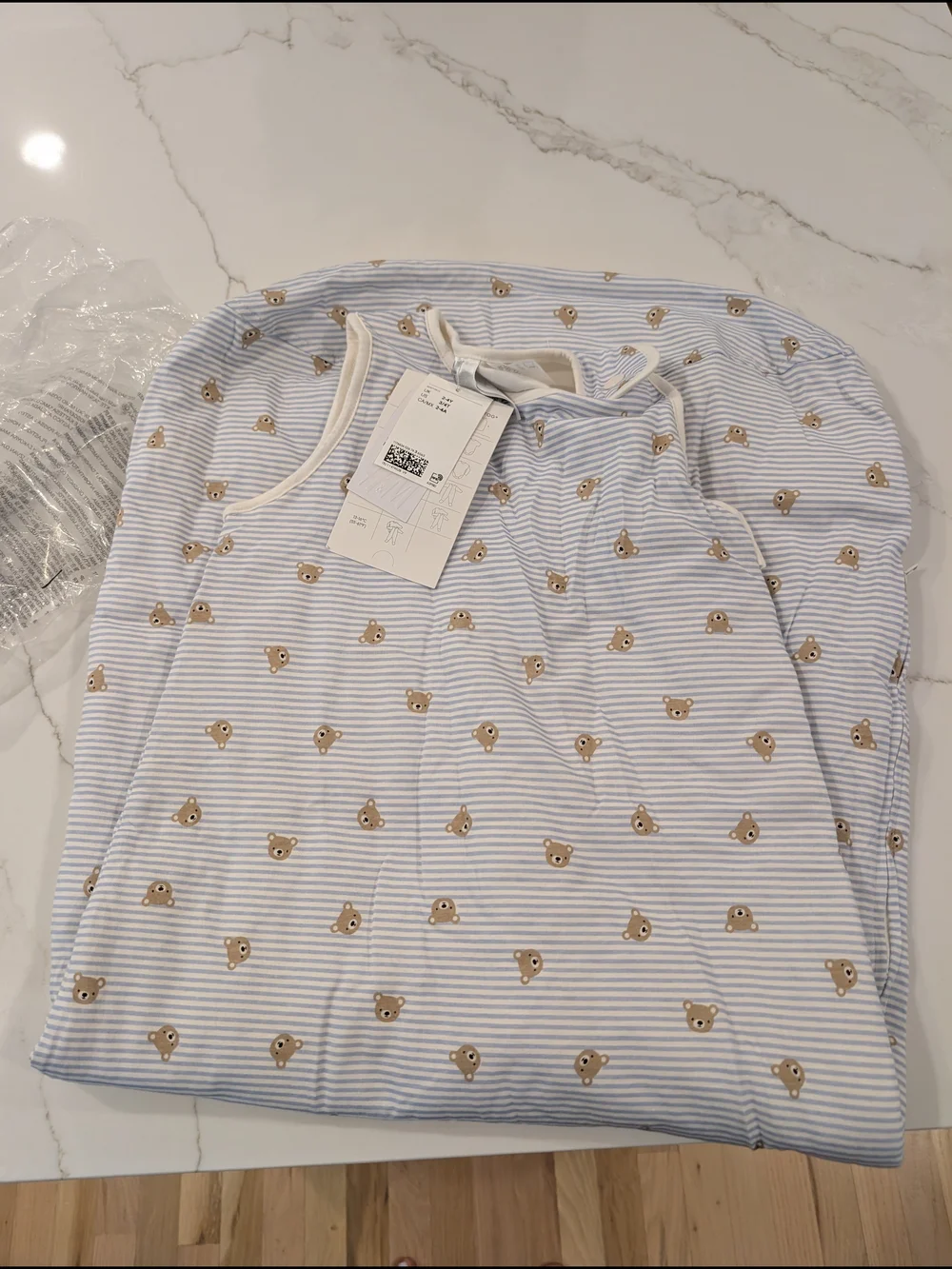 H&M Light Blue & White Striped Bear Print Sleep Sack 3-4years